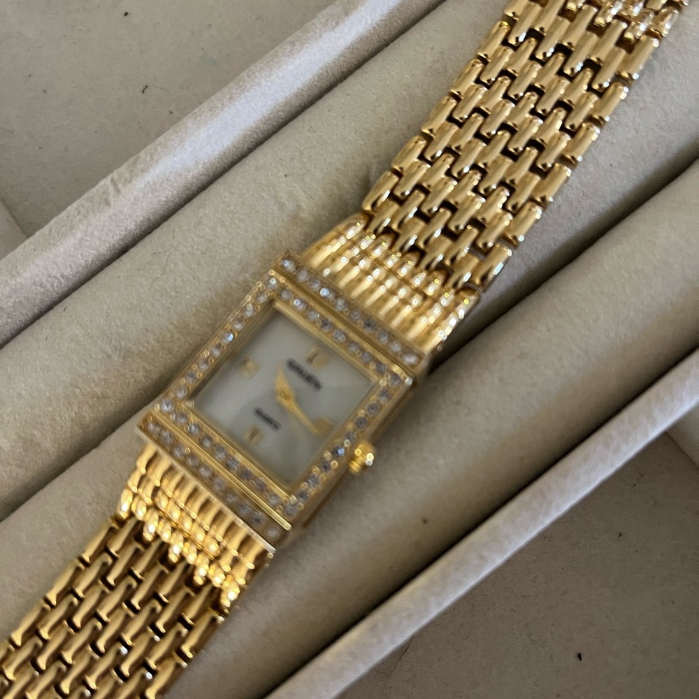 Gold Square Face Watch with Crystal Accents